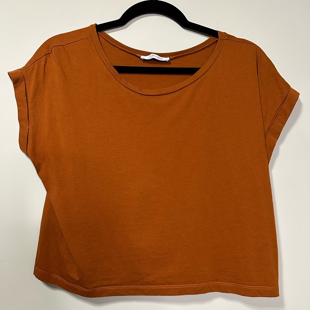 Zara Brown Orange Cropped Tee Size S